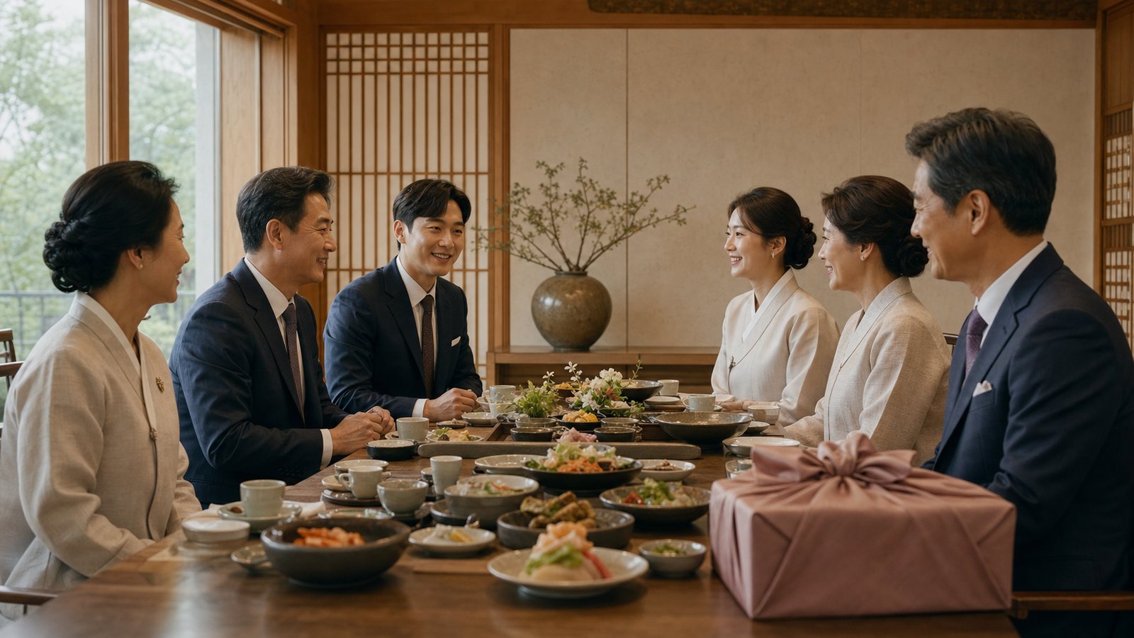 상견례 첫 만남, 한정식 프라이빗 룸에서 인사를 나누는 양가 가족